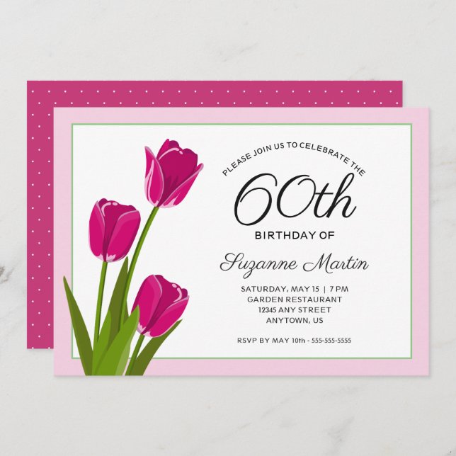 60th Birthday Party Pink Tulips Invitation (Front/Back)