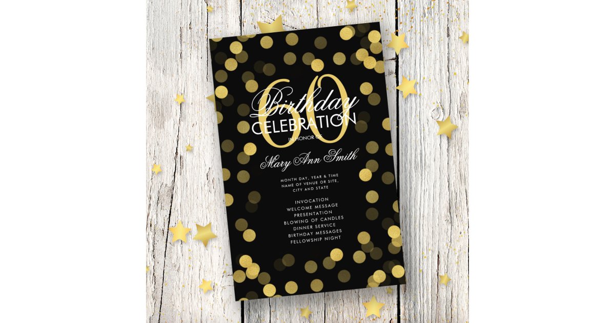 60th Birthday Party Program Gold Confetti w/ Menu | Zazzle
