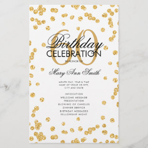 60th Birthday Party Program Gold Glitter w/ Menu