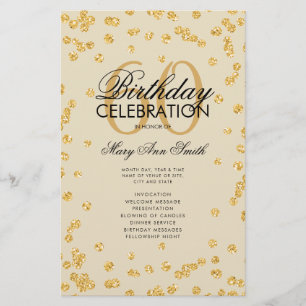 60th Birthday Party Program Gold Glitter w/ Menu
