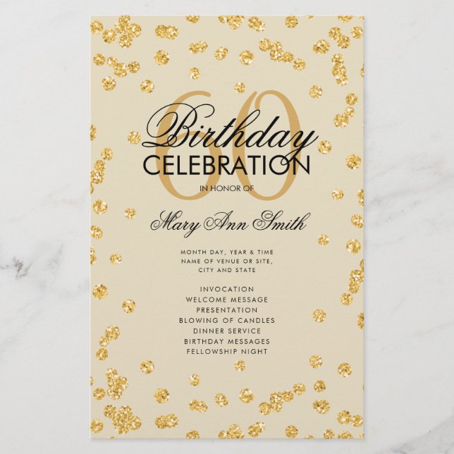 60th Birthday Party Program Gold Glitter w/ Menu (Front)