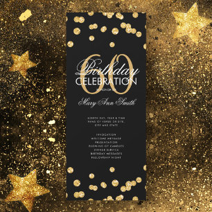 60th Birthday Party Program Gold Glitter w/ Menu Invitation