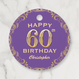 60th Birthday Party Purple and Gold Glitter Frame Favour Tags