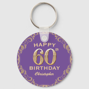 60th Birthday Party Purple and Gold Glitter Frame Key Ring