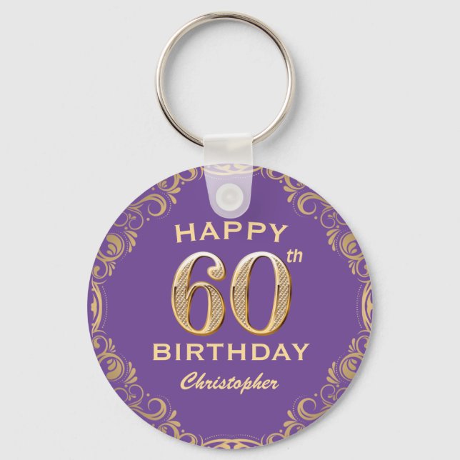 60th Birthday Party Purple and Gold Glitter Frame Key Ring (Front)
