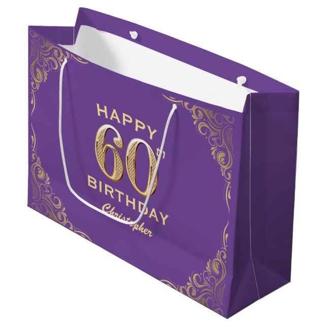60th Birthday Party Purple and Gold Glitter Frame Large Gift Bag (Front Angled)