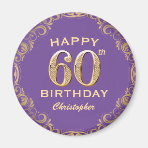 60th Birthday Party Purple and Gold Glitter Frame Magnet