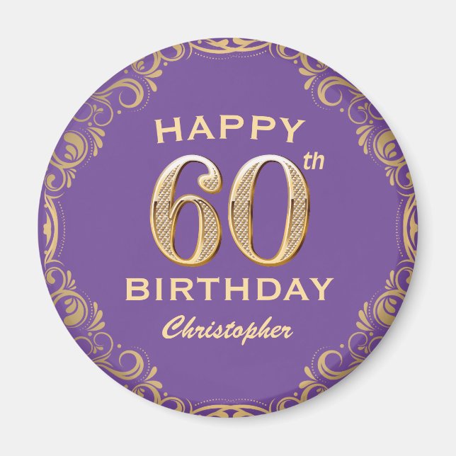 60th Birthday Party Purple and Gold Glitter Frame Magnet (Front)