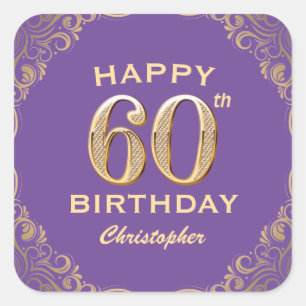 60th Birthday Party Purple and Gold Glitter Frame Square Sticker