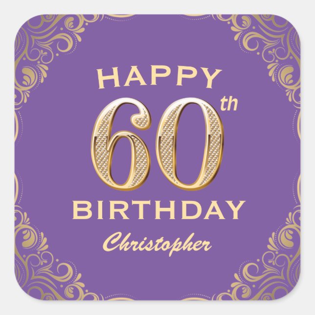 60th Birthday Party Purple and Gold Glitter Frame Square Sticker (Front)