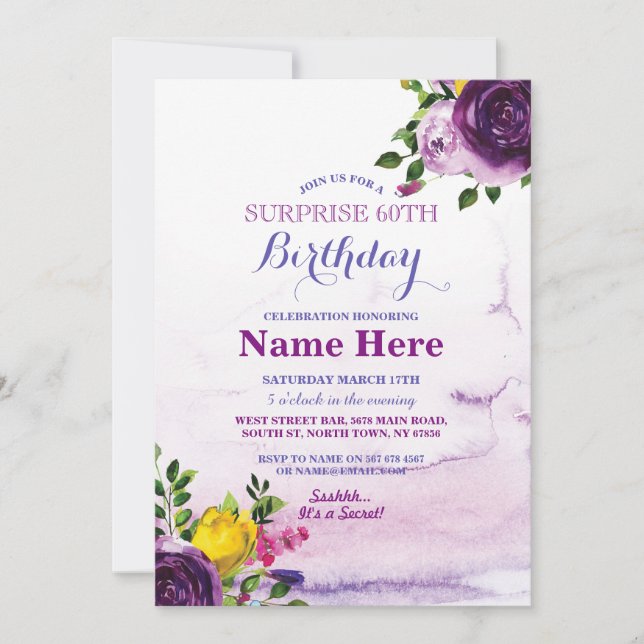 60th Birthday Party Purple Floral Pink Invite (Front)