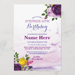 60th Birthday Party Purple Floral Pink Invite
