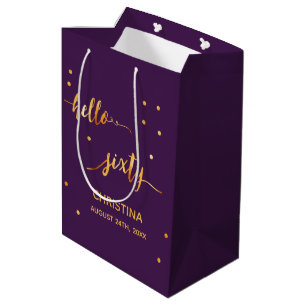 60th birthday party purple gold hello sixty medium gift bag