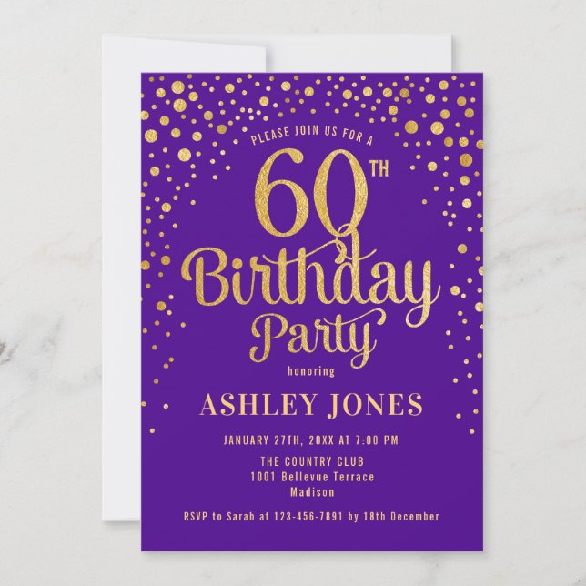 60th Birthday Party - Purple & Gold Invitation (Front)