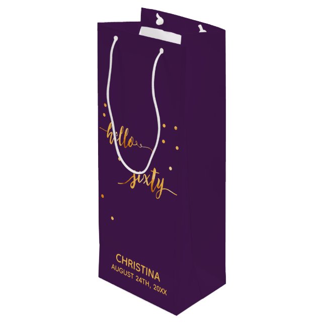 60th birthday party purple gold wine gift bag (Back Angled)