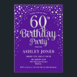60th Birthday Party - Purple & Silver Invitation<br><div class="desc">60th Birthday Party Invitation.
Elegant design in royal purple and faux glitter silver. Features stylish script font and confetti. Message me if you need custom age.</div>