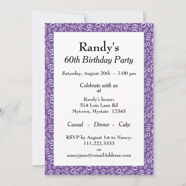60th Birthday Party Purple/White Number Pattern Invitation (Front)