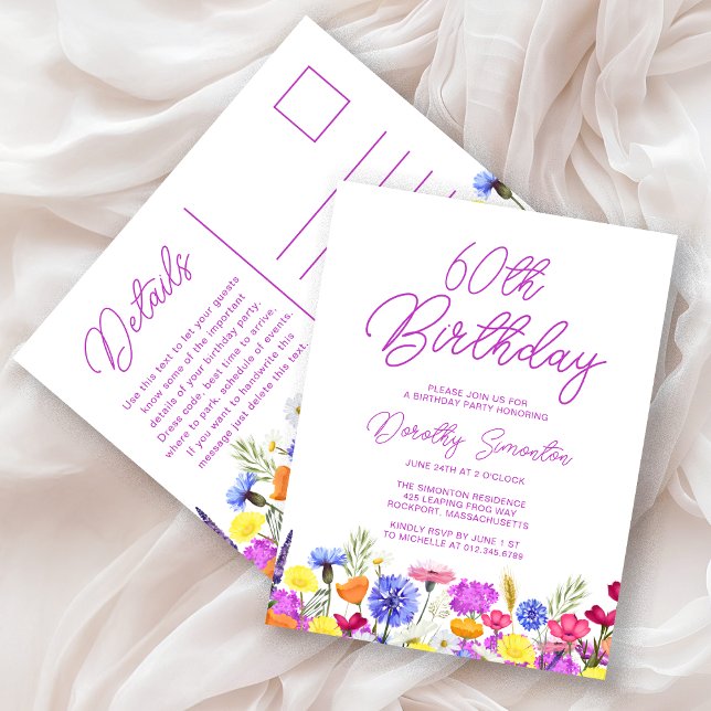 60th Birthday Party Purple Wildflowers Affordable Invitation Postcard (Creator Uploaded)