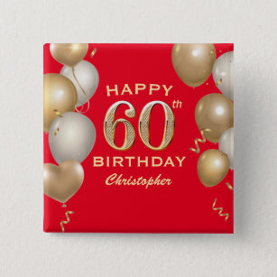 60th Birthday Party Red and Gold Balloons 15 Cm Square Badge