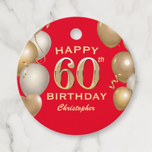 60th Birthday Party Red and Gold Balloons Favour Tags (Front)