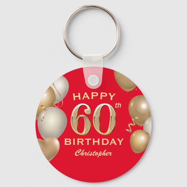 60th Birthday Party Red and Gold Balloons Key Ring (Front)