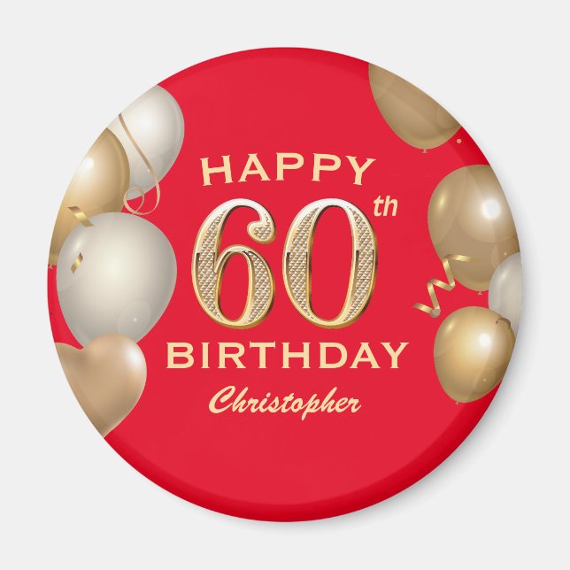 60th Birthday Party Red and Gold Balloons Magnet (Front)