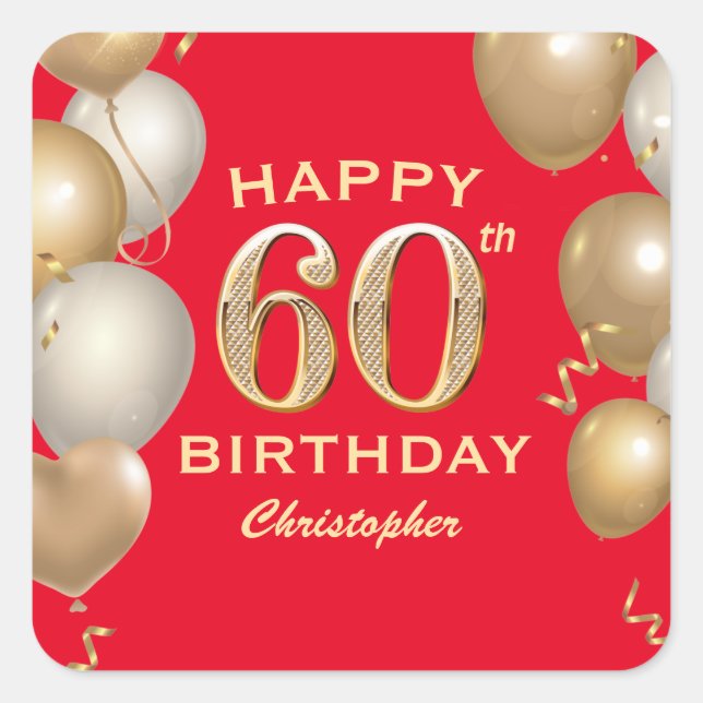 60th Birthday Party Red and Gold Balloons Square Sticker (Front)