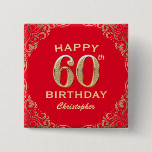 60th Birthday Party Red and Gold Glitter Frame 15 Cm Square Badge