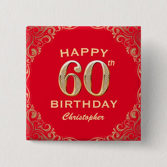 60th Birthday Party Red and Gold Glitter Frame 15 Cm Square Badge (Front)