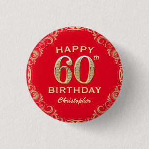 60th Birthday Party Red and Gold Glitter Frame 3 Cm Round Badge