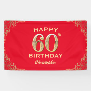 60th Birthday Party Red and Gold Glitter Frame Banner