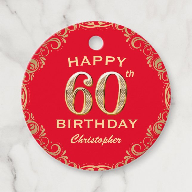 60th Birthday Party Red and Gold Glitter Frame Favour Tags (Front)