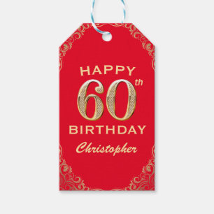 60th Birthday Party Red and Gold Glitter Frame Gift Tags