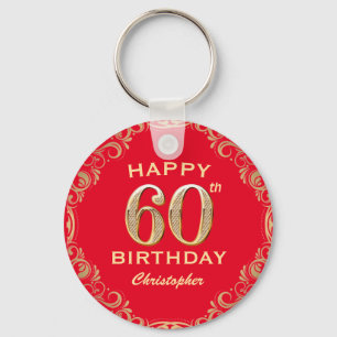 60th Birthday Party Red and Gold Glitter Frame Key Ring