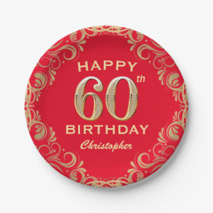 60th Birthday Party Red and Gold Glitter Frame Paper Plate