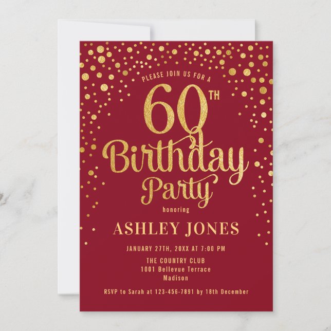 60th Birthday Party - Red & Gold Invitation (Front)