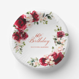 60th Birthday Party Red Pink Floral Custom Paper Plate