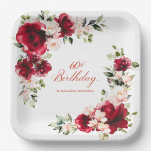 60th Birthday Party Red Pink Floral Custom Paper Plate