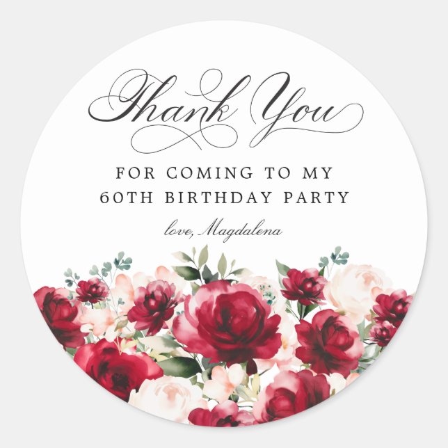 60th Birthday Party Red Pink Floral Thank You Classic Round Sticker (Front)