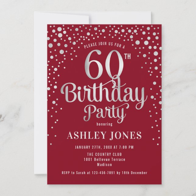 60th Birthday Party - Red & Silver Invitation (Front)