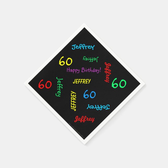 60th Birthday Party Repeating Names Black Paper Napkin (Corner)