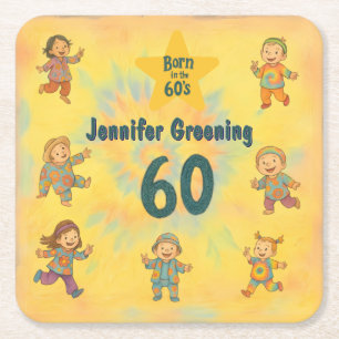 60th birthday party Retro born in the 60's Hippy  Square Paper Coaster