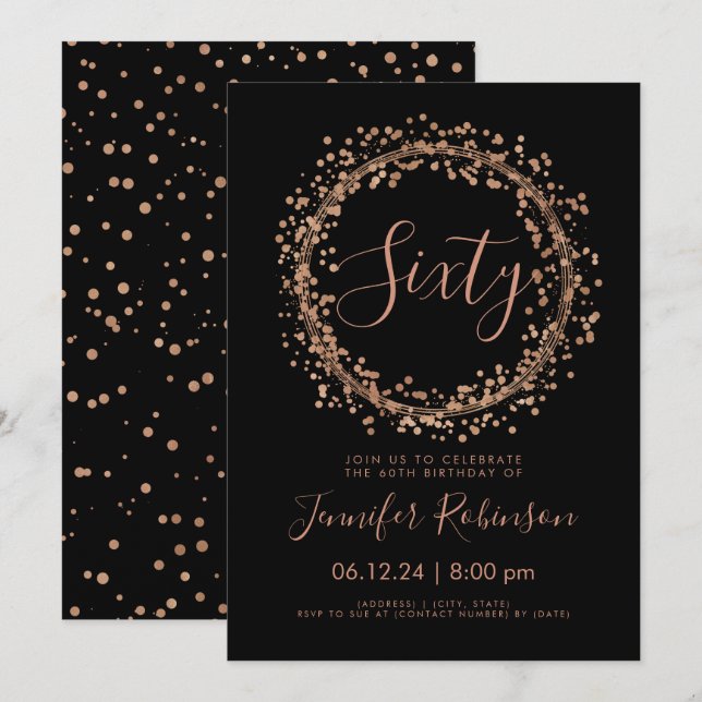 60th Birthday Party Rose Gold Black Confetti Invitation (Front/Back)