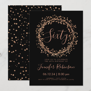 60th Birthday Party Rose Gold Black Confetti Invitation