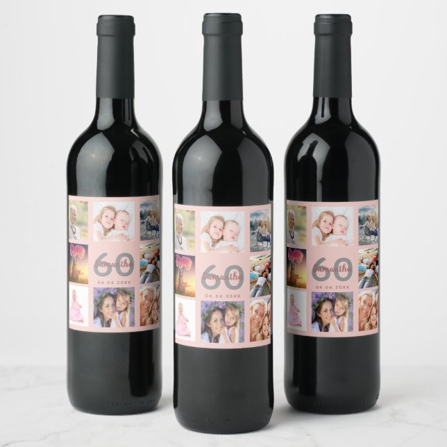 60th birthday party rose gold blush photo collage wine label (Bottles)