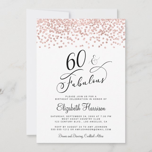 60th Birthday Party Rose Gold Glitter Invitation (Front)