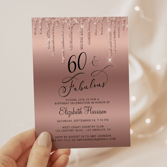 60th Birthday Party Rose Gold Glitter Invitation (Creator Uploaded)