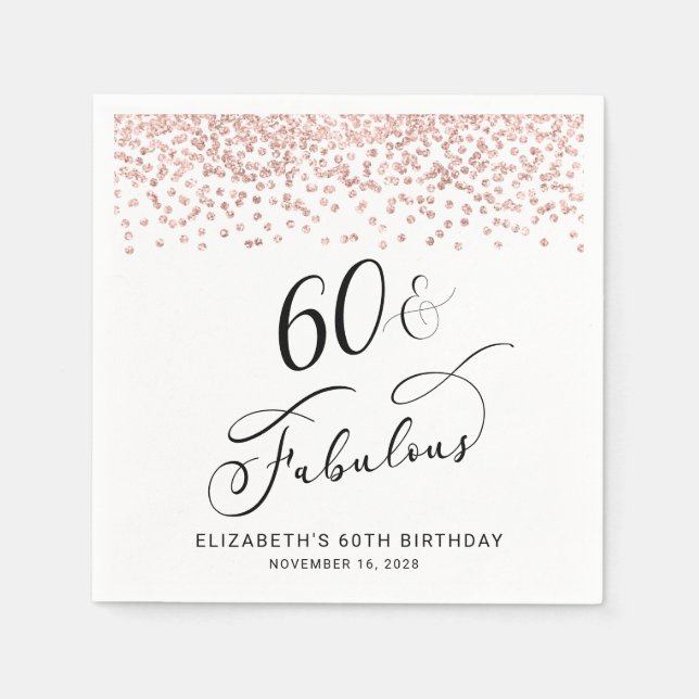 60th Birthday Party Rose Gold Glitter Napkin (Front)
