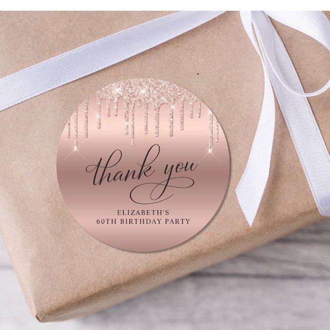 60th Birthday Party Rose Gold Glitter Thank You Classic Round Sticker (Creator Uploaded)