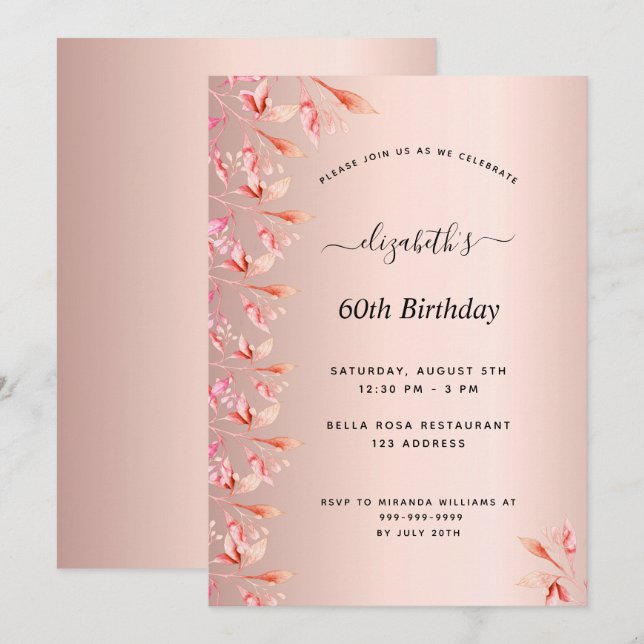 60th birthday party rose gold pink florals invitation (Front/Back)